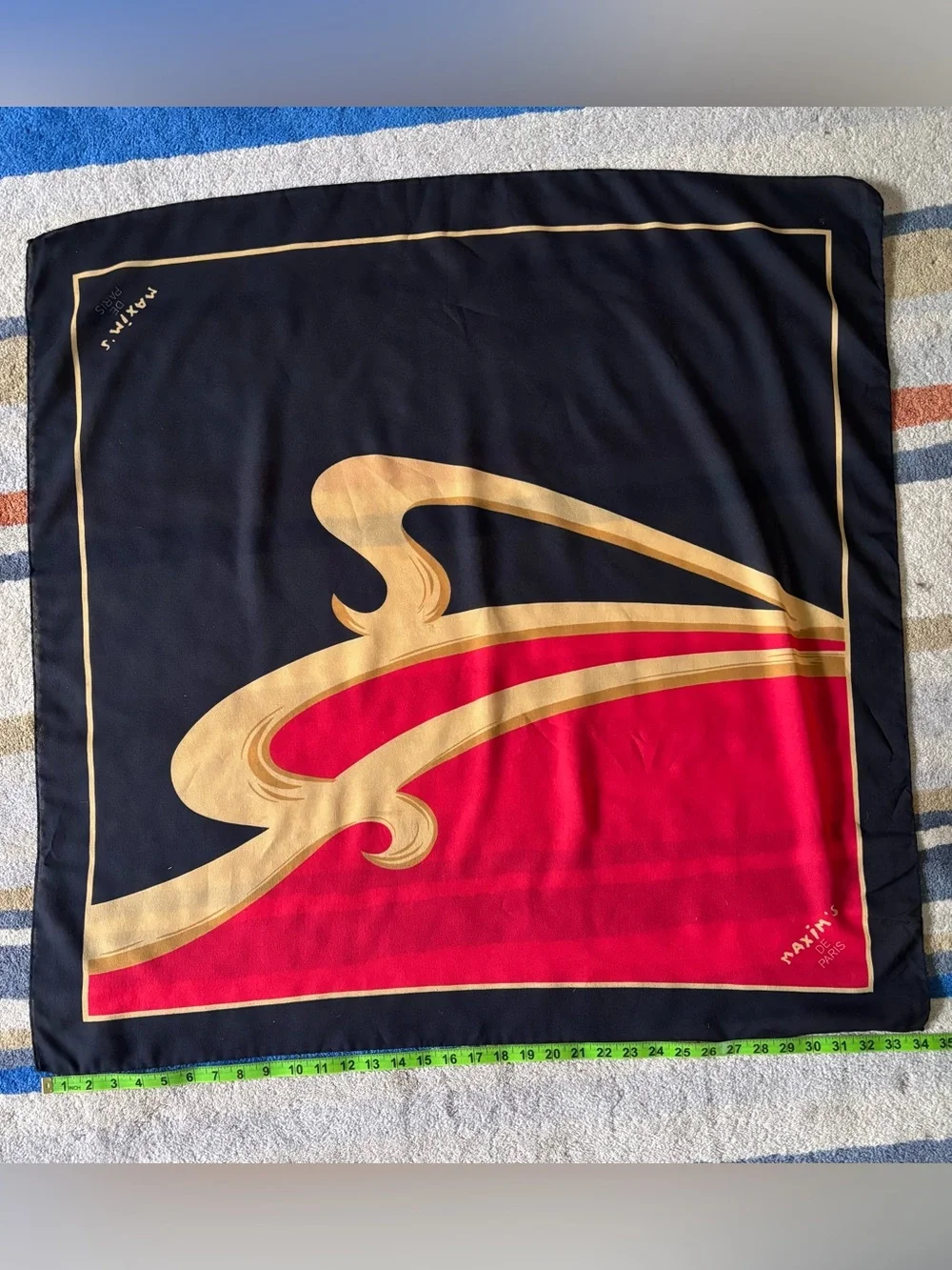 Maxim’s‎ De Paris Vintage Graphic Silk Scarf in Black, Gold & Red 34” square